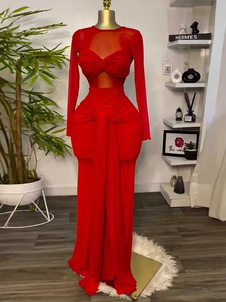 Female Clothing Transparent Bodycon Dress Long Sleeve Solid Color Women Flowy Autumn Dress Stretch Sexy Elegant Dress Ladies