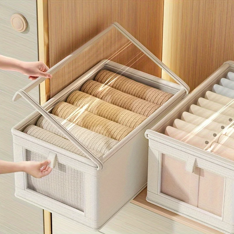 1PC Large Foldable Canvas Storage Box with Clear Window - Organize and Store Clothing Space-Saving Home Closet Organizer