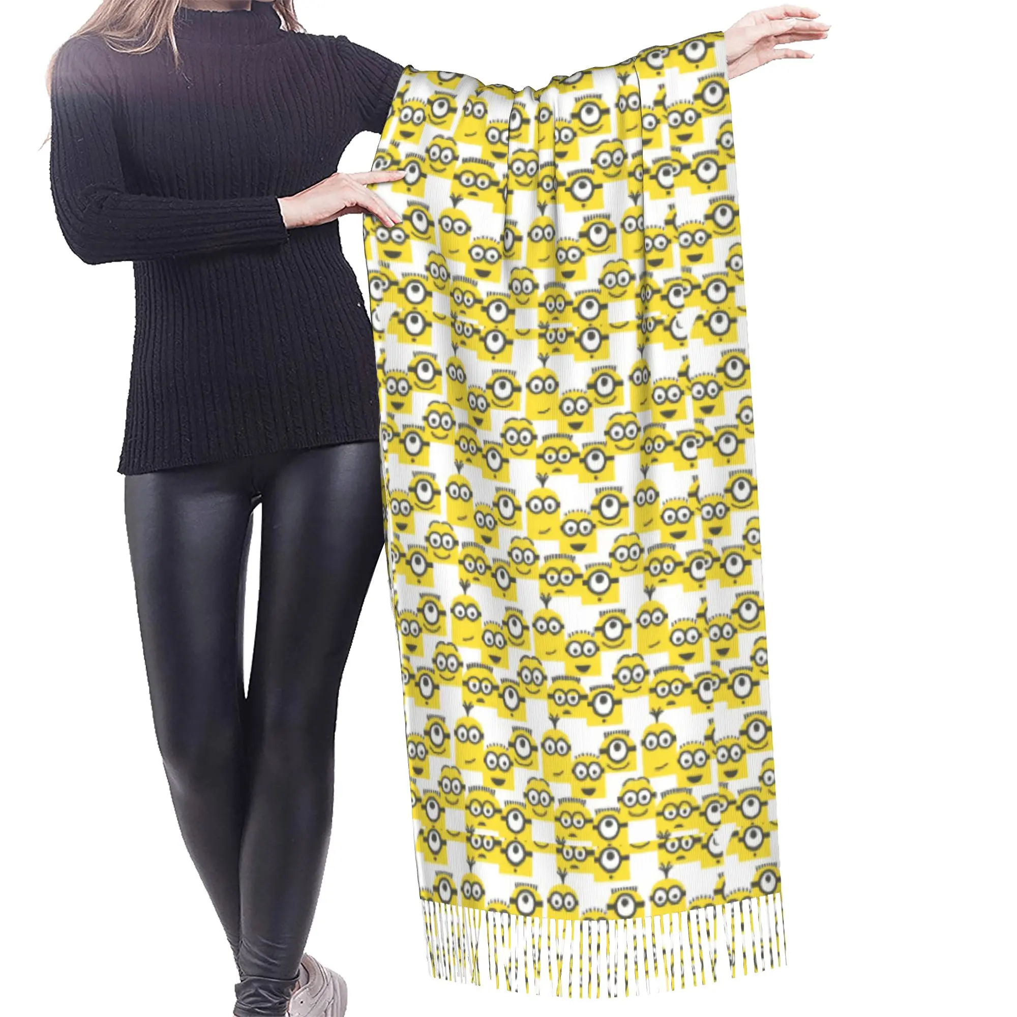 Custom Lady Long M-Minioned Anime Scarves Women Winter Soft Warm Tassel Shawl Wrap Manga Cartoon Scarf