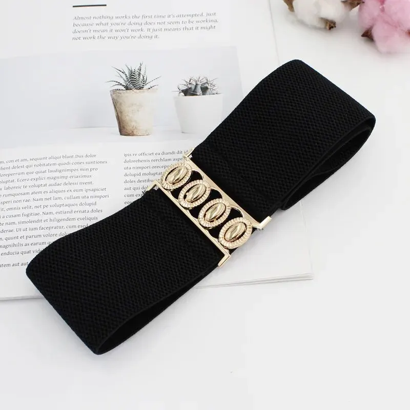 Women Belt Fashion Elastic Waist Cover Golden Buckle Elastic Waist Closure Versatile Wide Belt Paired With Dress Coat Lady Belts