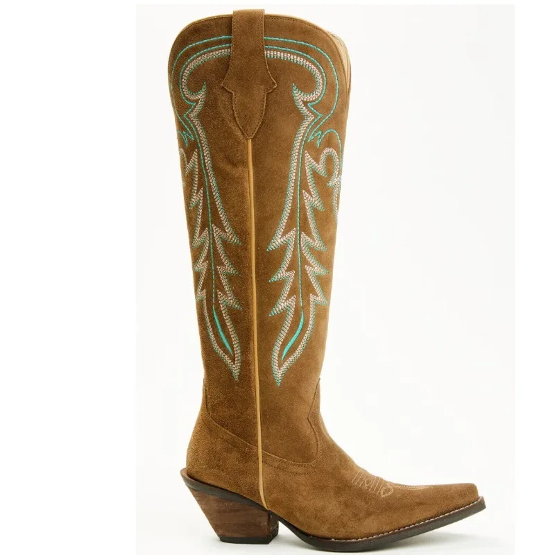 Suede Embroidery Pointeed Toe Knee-High Women Western Boots Chunky High Heels Side Zipper Design Large Size Cowboy Shoes