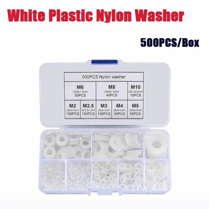 

White Plastic Nylon Washer Flat Spacer Washer O-rings Assortment Kit M2 M2.5 M3 M4 M5 M6 M8 M10 Car Accessories 500pcs/box