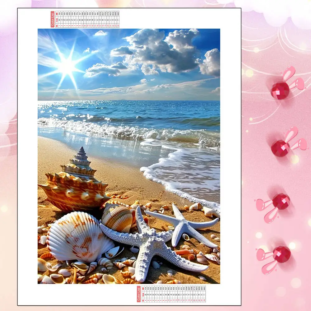 HUACAN Diamond Mosaic Seaside Starfish Conch Scallop In Shell Landscape Full Square Round Diamond Painting Novelties Wall Decor