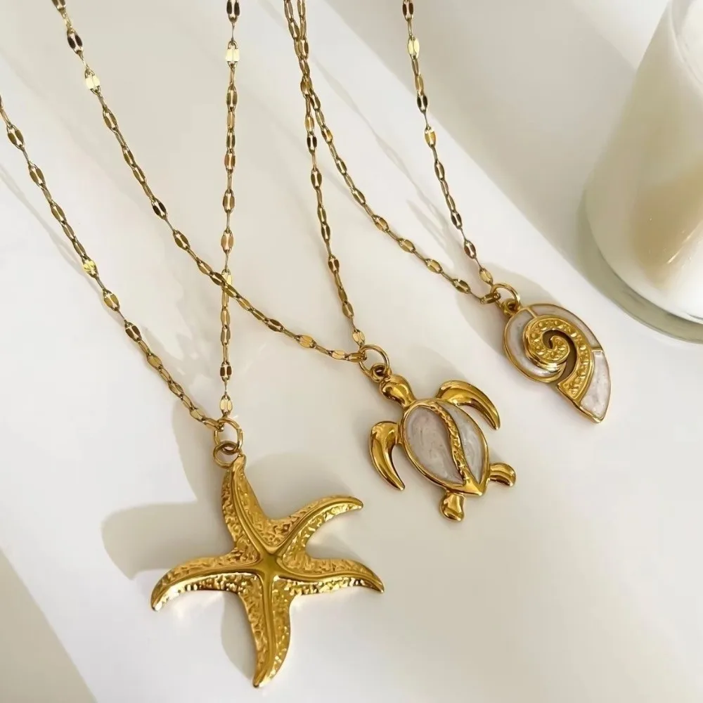 Collar con colgante de estrella de mar de esmalte blanco, elementos oceánicos, diseño de concha de tortuga, temperamento Retro