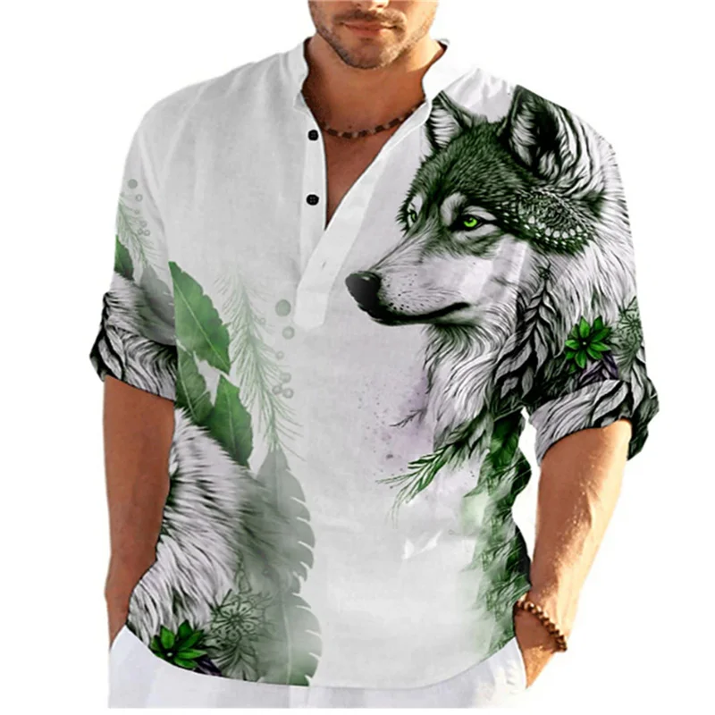 2024 New Wolf Print Long Sleeve Shirt Fashionable Personalized Stand Collar Button Casual Shirt Extra Large Size XS-6XL