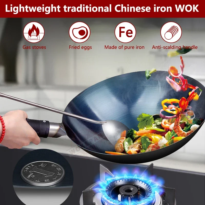 32/34cm Seasoning Blue Iron Wok Uncoated Nonstick Pot Lightweight Classic Chef Wok Outdoor Kitchen Cookware for Gas Stove