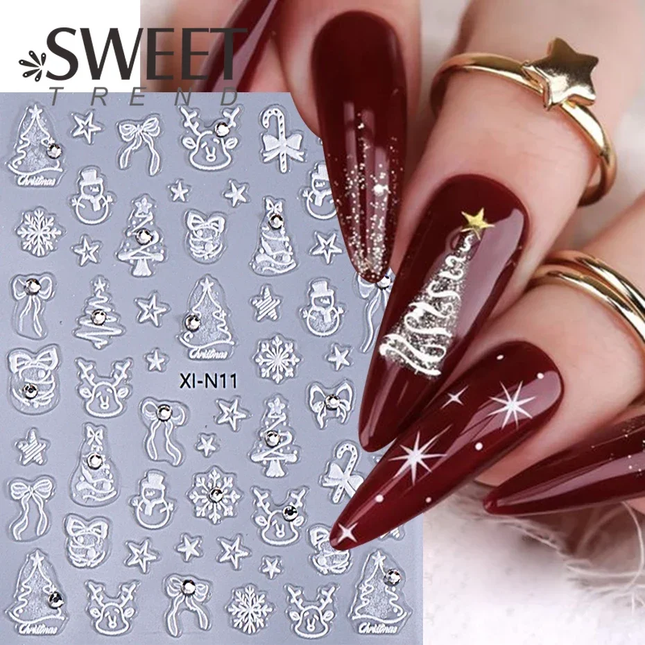 Christmas Nail Art Stickers 3D Winter New Year Christmas Tree Snowman Adhesive Sliders Lamp ball Snowflake Decals Manicure Decor