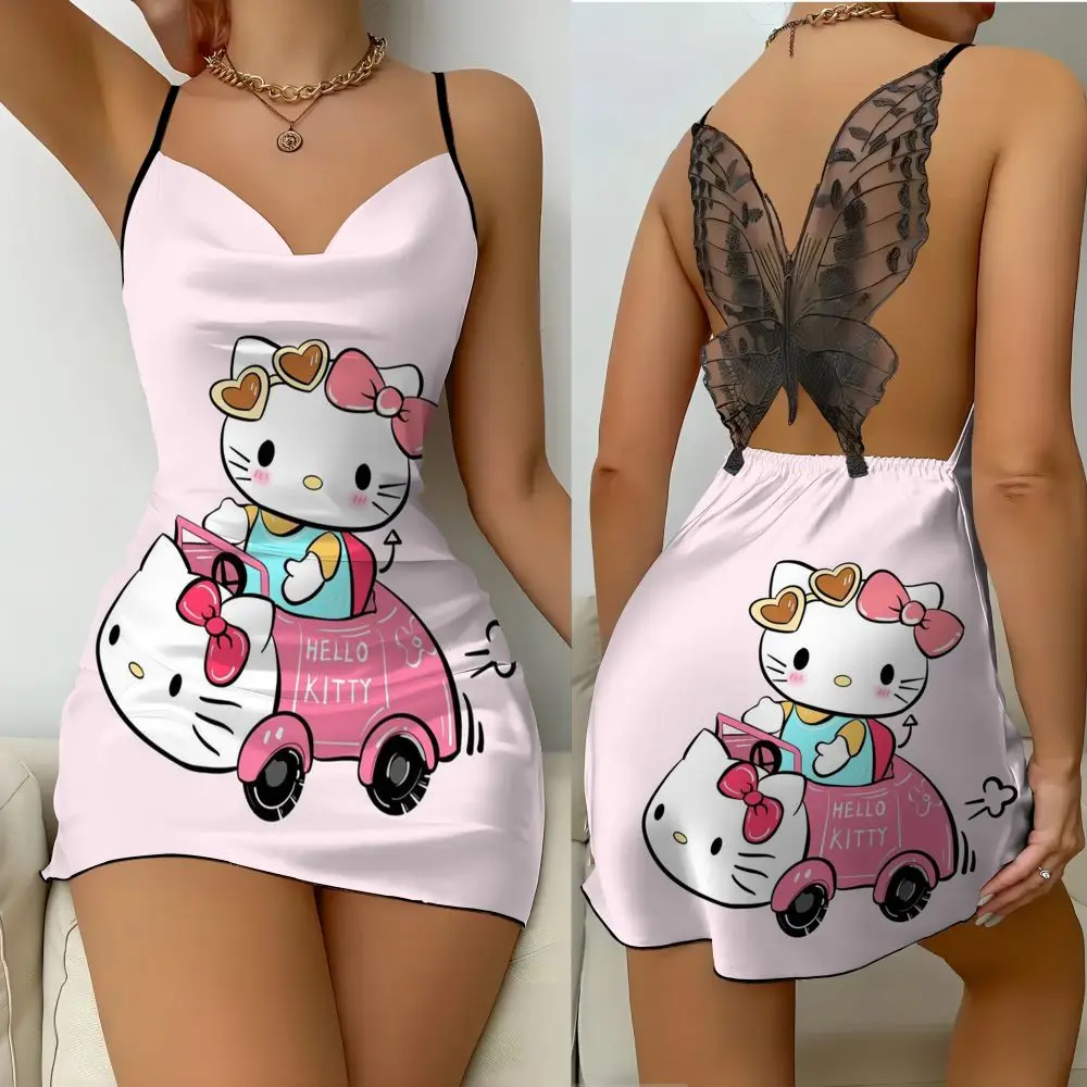 

2024 Summer Mickey Kitty Backless Sleeping Dress, Women's Elegant Satin Disney Style Dress