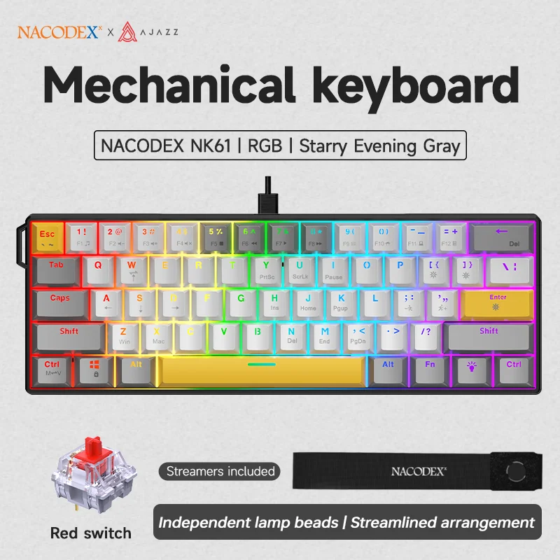 AJAZZ NK61 Gaming Bedraad mechanisch toetsenbord 61 toetsenindeling Hot-swappable Red Axis DIY Geschikt voor kantoorgebruik