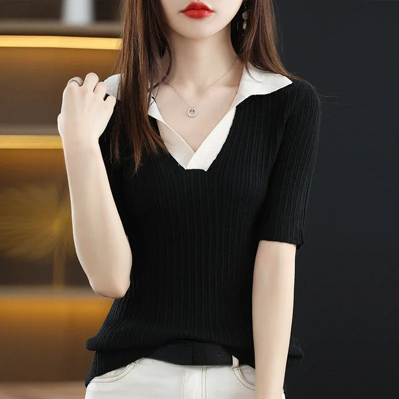 T-shirt Woman Black Tops Short Sleeve Tee Clothing Polo Neck Shirts for Women White Knit Cute Summer 2024 Polyester Luxury Trend