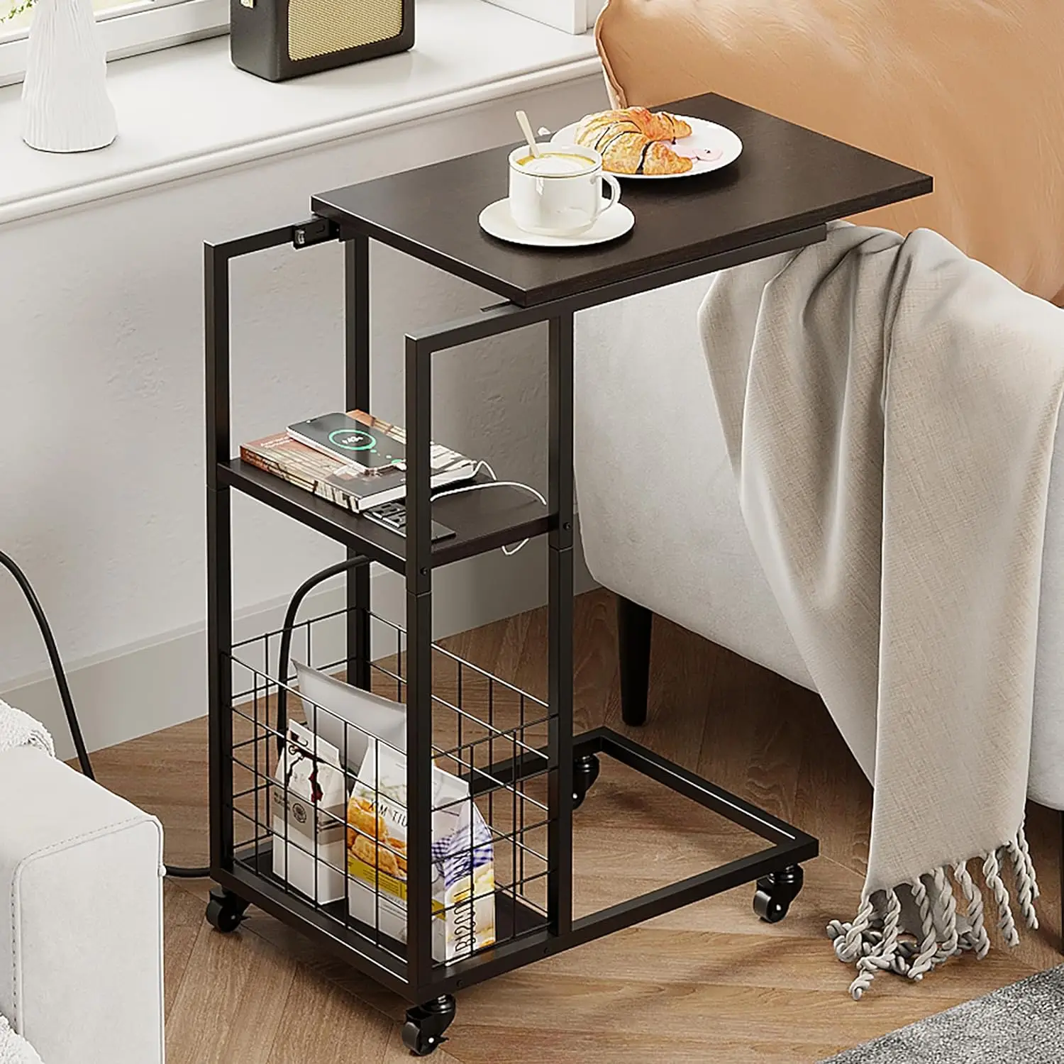 Under Seating Rolling Table with Integrated Power - TV Tray with Wheels Slide Under Bedside Adjustable Side Table End Table