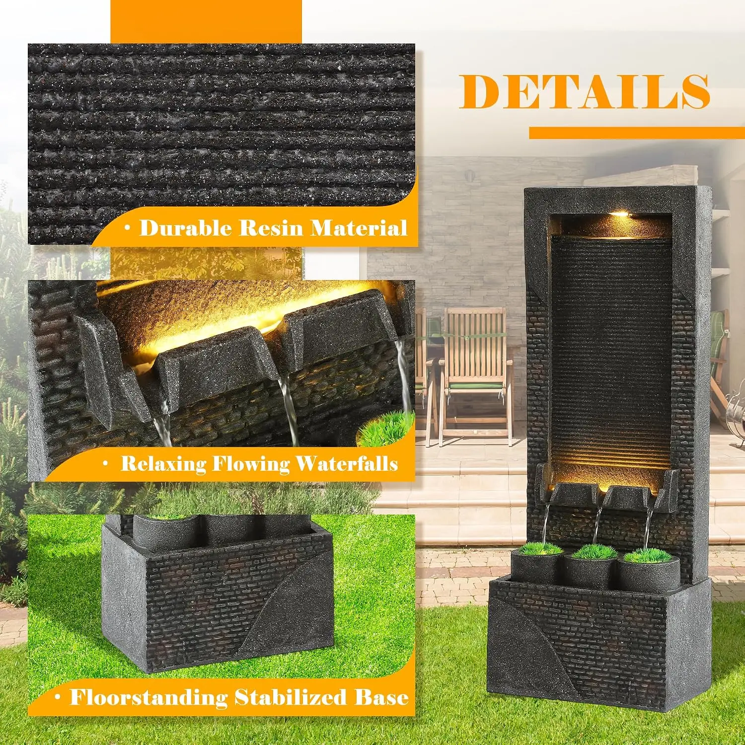 Curved Faux Slate Waterfall Fountain Outdoor LED Light 39.4