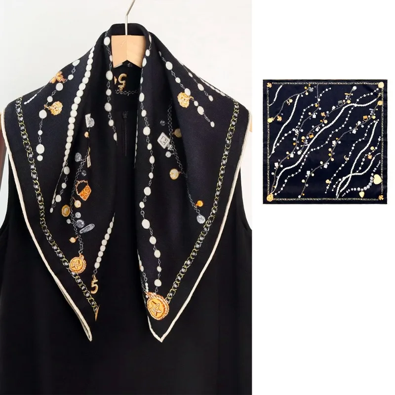 Double Same Color Premium Silk Wool Square Scarf Jewelry Chain Art Print Ladies Autumn Winter Stylish Travel Neck Tie Shawl