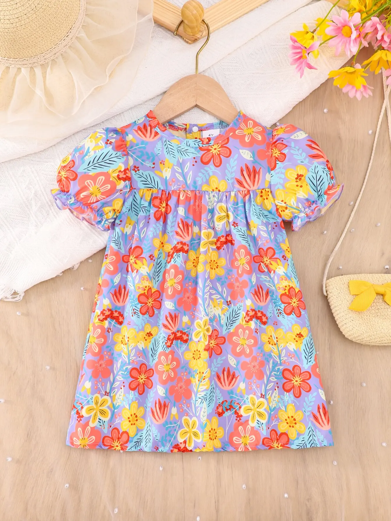 

Маленькая летняя тонкая юбка с цветочным принтом для девочек, милое милое праздничное повседневное платье с короткими рукавами и цветочным принтом для путешествий