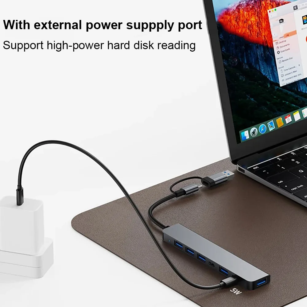 2 in 1 4/7 Port USB Type-C Expander USB3.0 High Speed Transmission Multi-port Usb Splitter Suitable for Laptops and Desktops