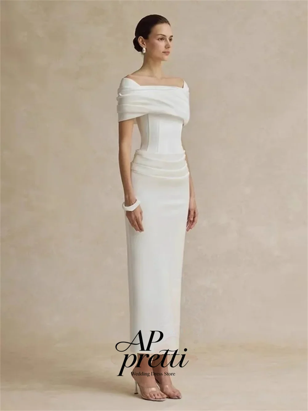 AP pretti Customized Elegant Off The Shoulder Short Sleeve Bridal Gown Satin Waist Pleat Ankle-length Wedding Dresses For Woman