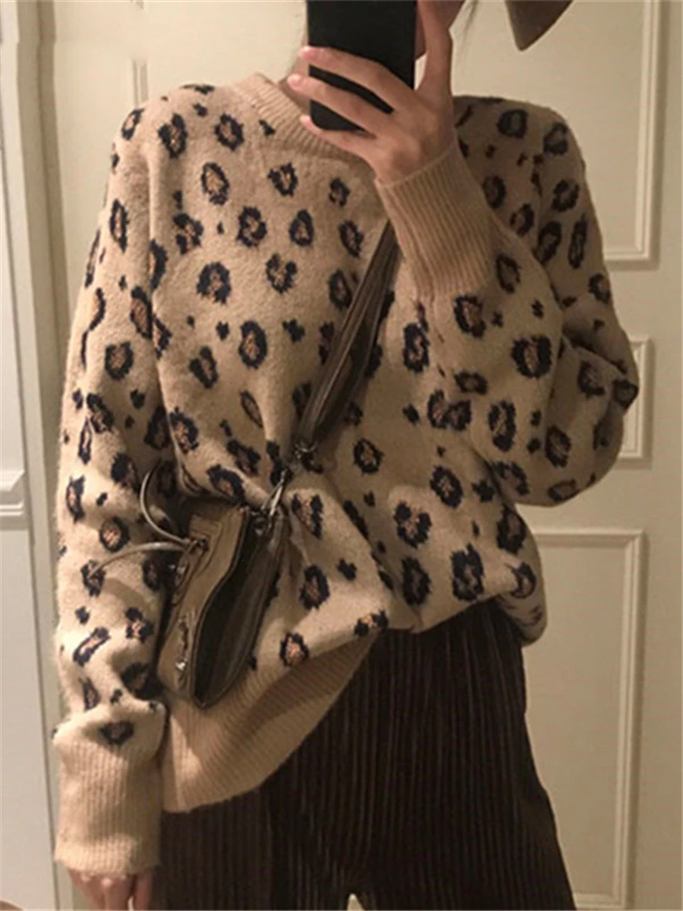 Colorfaith SW9539 New 2023 Autumn Winter Women\'s Sweaters Pullovers Leopard Korean Style Knitted Oversize Female Wild Jumpers