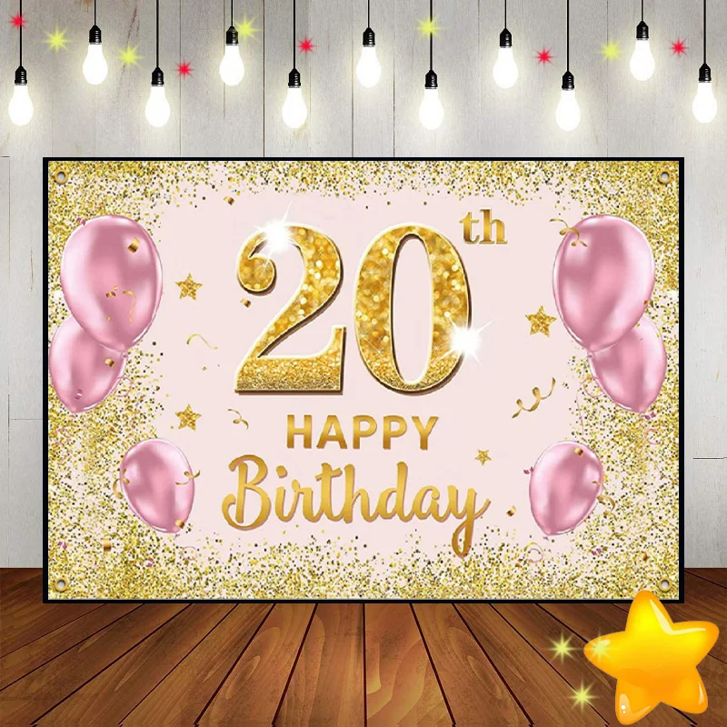 Happy 20th Birthday Background Photography Backdrops Golden Custom Backdrop Sweet Photo Adult Decoration Party Boy Banner Prince
