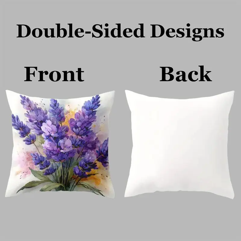 Elegant Watercolor Lavender Pillowcase Set 4PCS Floral Cushion Cover Purple Flowers Home Decor Art Square 45x45cm