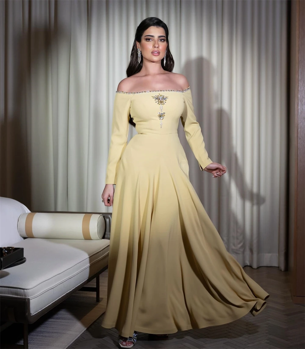 Prom Dress Saudi Arabia Classic Modern Style Off The Shoulder A-line Beading Draped Ankle-Length Satin Evening Dresses