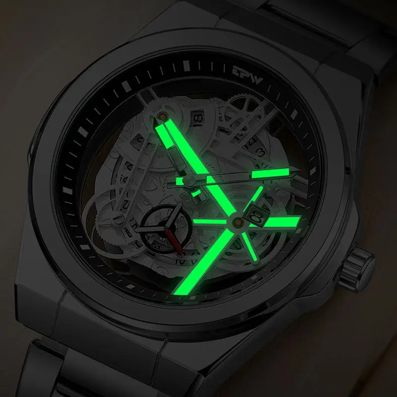 Men's Trendy Luminous Wristwatch with Hollow-Out Transparent Calendar European American Fashion Business Steel Strap Wristwatch