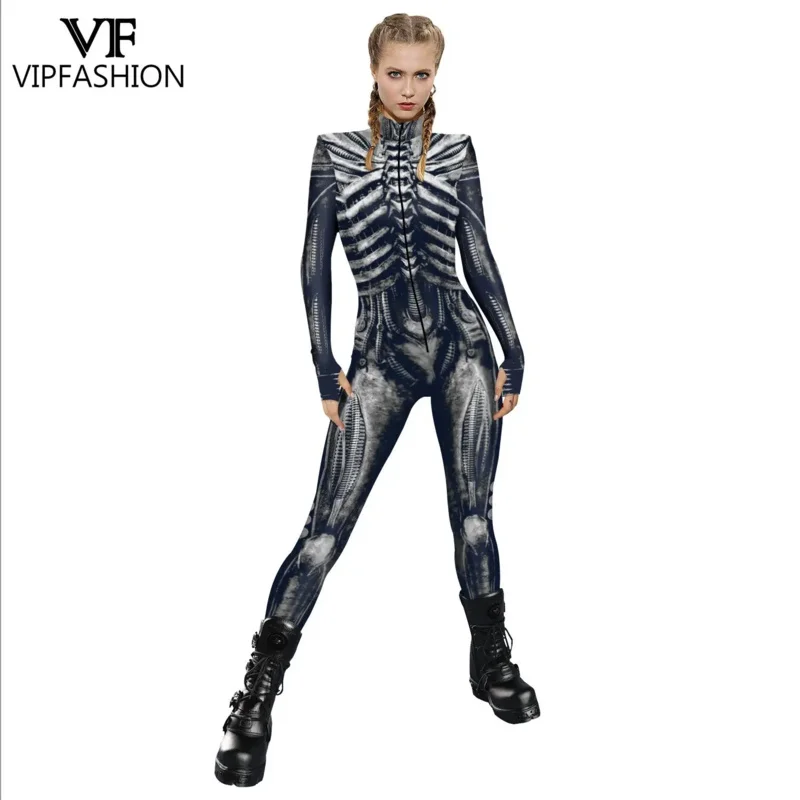 VIP Moda Halloween Robot Punk Esqueleto Impresso Cosplay Trajes para Mulheres Sexy Zentai Bodysuit Macacões de Carnaval, Vestido extravagante