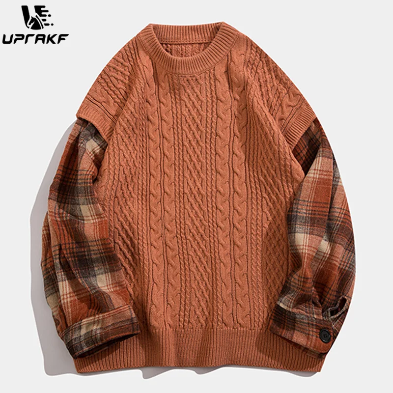 UPRAKF Solid Color Patchwork Sweater Long Sleeve Loose Tops Outwear Pullover Fashion Streetwear Tops