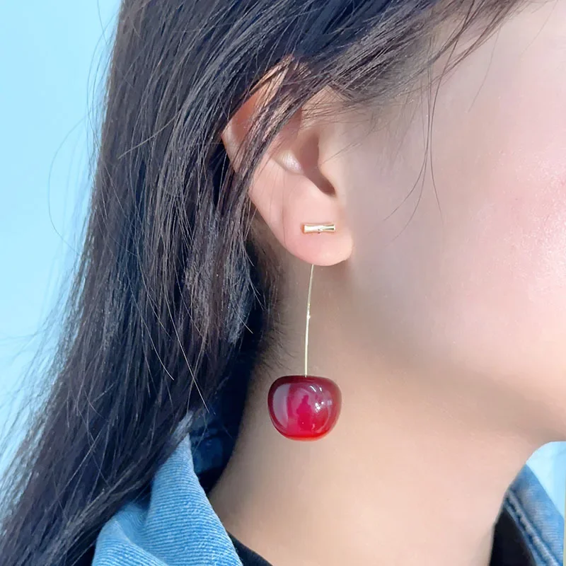 Resin Cute Romantic Round Cherry Dangle Earrings For Women Red Cherry Fruit Shape Drop Earrings ﻿Pendants Ear Jewelry Party Gift