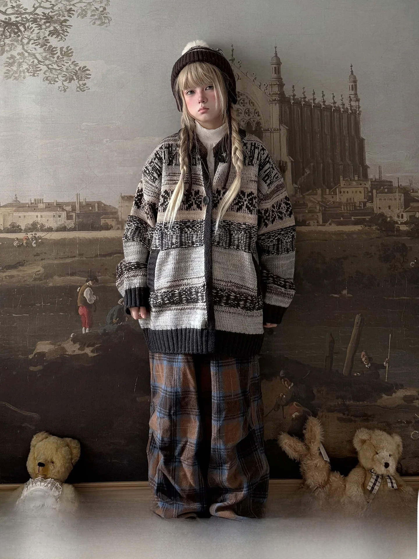 

Женский вязаный кардиган Labeau на осень-зиму с круглым вырезом, узором Fair Isle, на одной пуговице, с открытым передом, длинный рукав