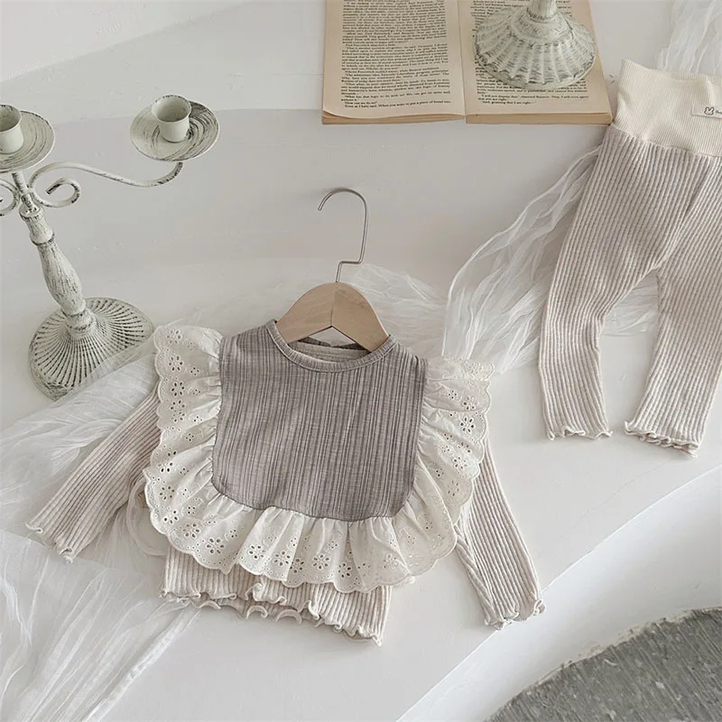 MILANCEL New Autumn Baby Clothes Set Infant Pit Strip Underwear Set +Lace Smock Toddler Girls Outfit 3PCS