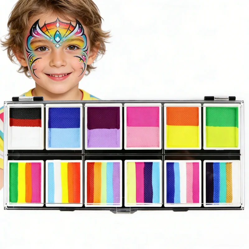 Paleta de Pintura Corporal Infantil de 12 Colores, Pintura Facial para Niños, Paleta de Maquillaje Artístico Corporal para Fiestas, Paleta de Pintura de Belleza con Kit de Pinceles