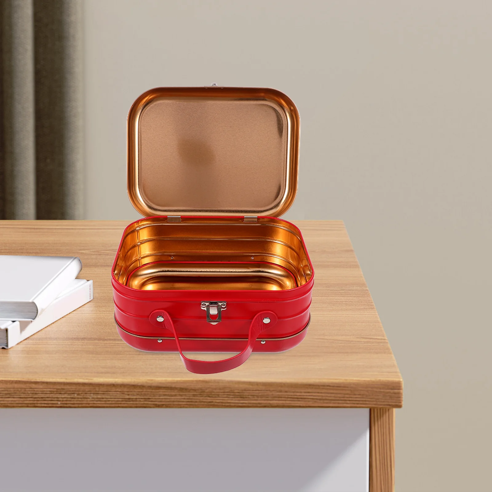 

1pc Gift Packaging Box Small Tinplate Suitcase Shape Desktop Storage Box Multipurpose Tin Container For Jewelry Coins Cosmetics