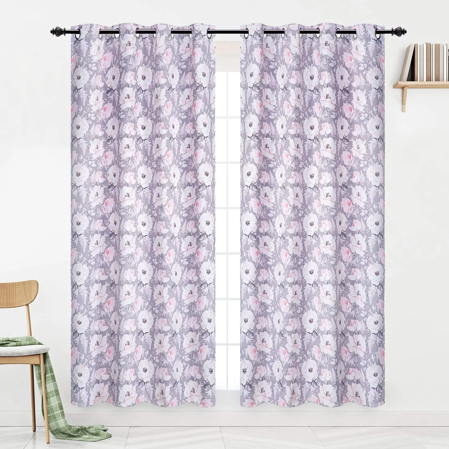 

Blackout Window Curtains 52 in W x 84 in L Flowers in Grey (2-Pannel)