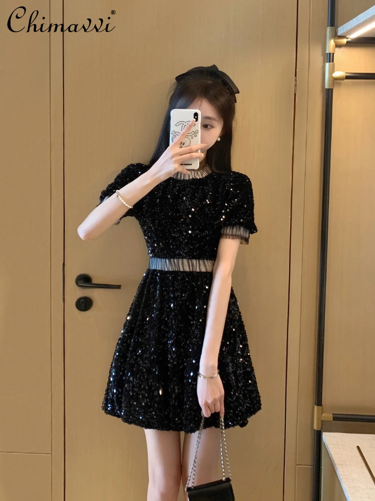 

Black Dress Women Summer 2024 French Style Temperament Ladies Shiny Sequins round Neck Short Sleeve A-line Slim Fit Short Dress