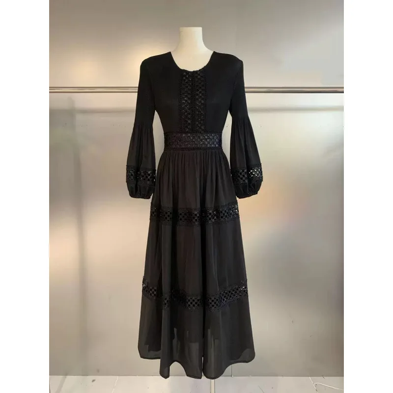 n Sle المطرزة الدانتيل جوفاء الترتر مطوي ريكان الدكتور المرأة عالية الخصر ألف خط تنورة طويلة Sve الاستخدام العالمي