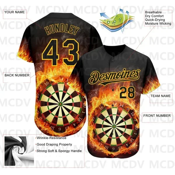 

Custom Black Gold 3D Pattern Design Flame Dart Board Authentic Baseball Jersey