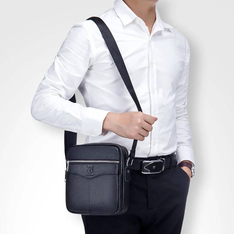 Bolso de hombro informal para hombre, bandolera de cuero genuino con cremallera para Ipad de 8 pulgadas, de negocios, sólido, de viaje