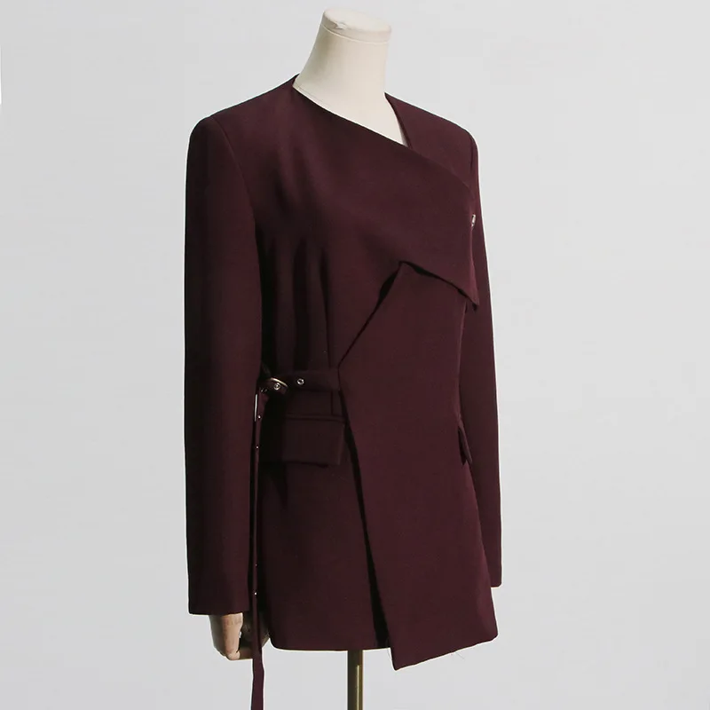 ANJY Spring Autumn New Women Design Irregular Elegant Casual Lace-Up Long Sleeve Blazer Chic Collarless Spliced Suit-Coat A21364