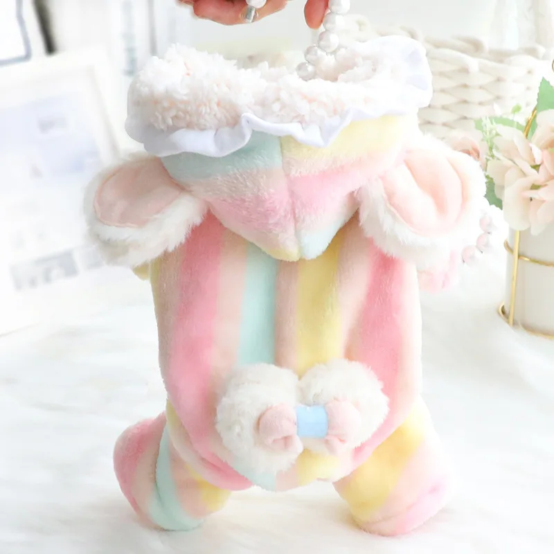 Dog Clothing Winter Jumpsuit Plus Fleece Cotton-padded Coat Fashion Design Rainbow Striped Cute Dog Hoodie