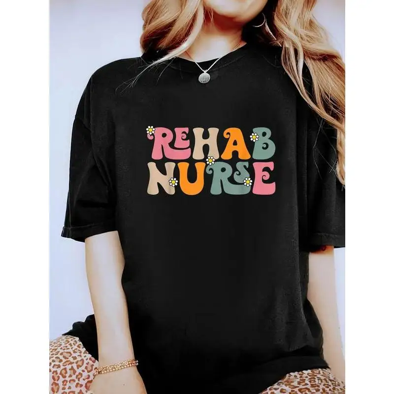 

Rehab Nurse T-Shirt - Hippie Groovy Font Medical Worker Slogan Tee, Vintage Retro Nurse Week Gift for Women