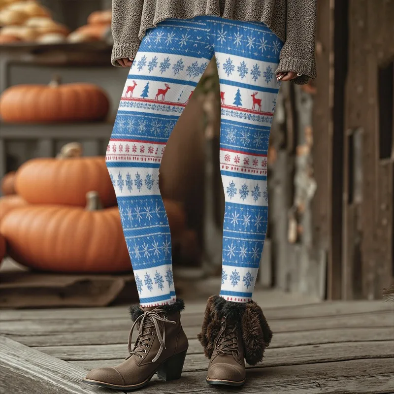 Bunte hässliche weihnachtliche gemütliche Winter-Thermo-Leggings für Frauen, festliche nordische Strumpfhosen mit Rentier-Schneeflocken-Baum-Muster – Detail 21
