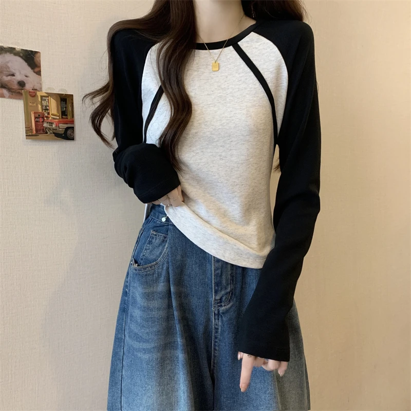 

Women's Clothing 2024 Spring Autumn Trendy Patchwork Slim Basic T-shirts Y2K Female Korean Simple Casual O Neck Long Sleeve Tops