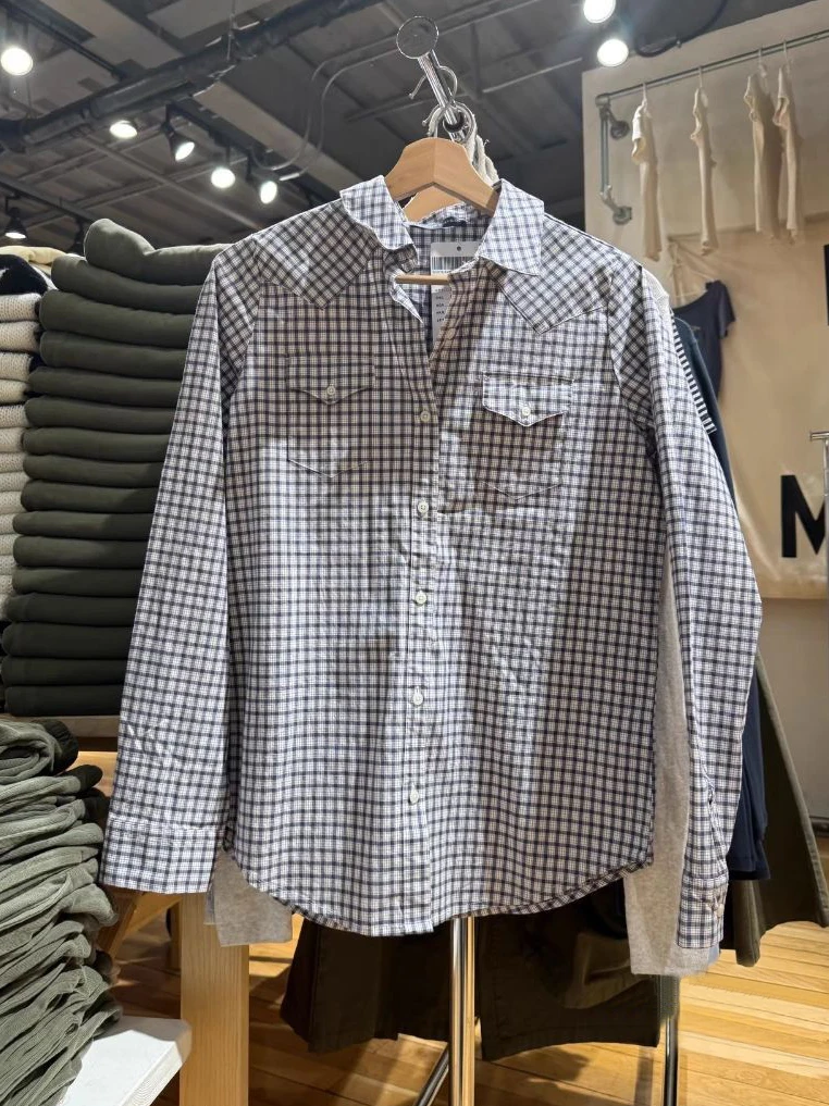 Poches marine Plaid Blouse femme printemps col rabattu simple boutonnage chemises amples femme Vintage Streetwear coton Blouses