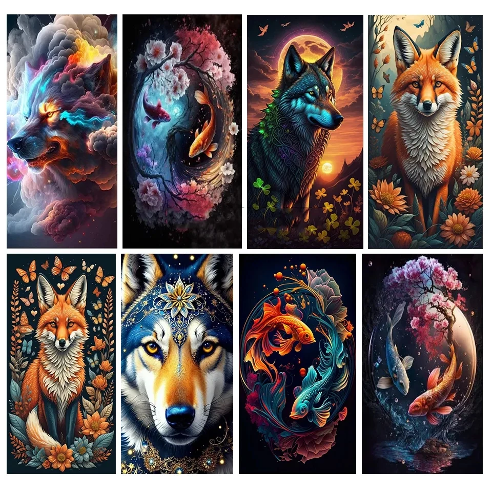 Forest Wolf Fox Fish 5d Large Diy Diamond painting New 2023 Animals Art Full Square Round Diy Diamond Mosaic Rhinestones