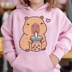 Süße Capybara liebt Bubble Tea Kinder Hoodie Pink sowie Samt pullover Herbst und Winter Tops für Mädchen