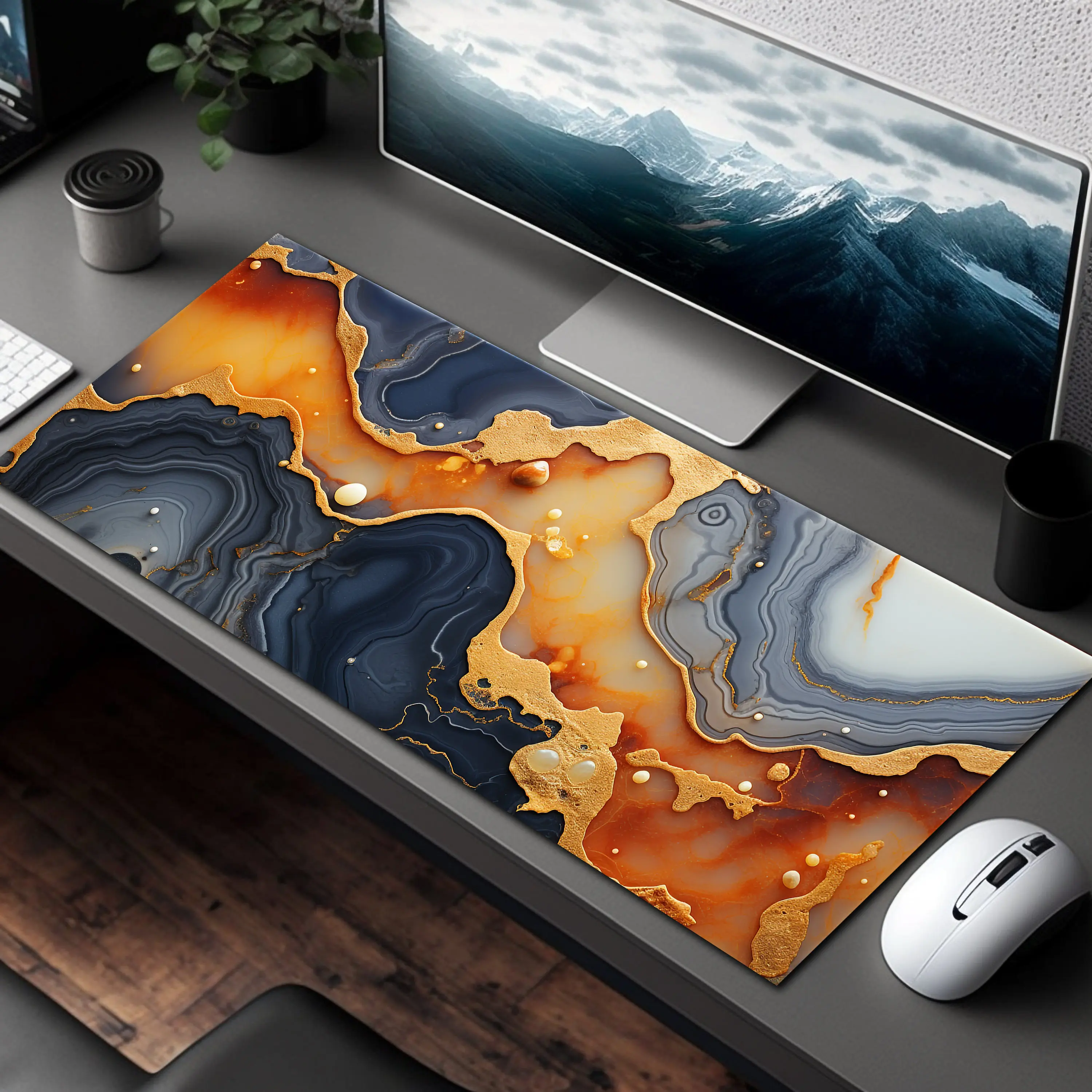 

An Aesthetic Desk Mat with Stunning Blue, Gray, and Gold Marble Prints, A Lovely Gaming Mouse Pads, and A Minimalist Mouse Pad.