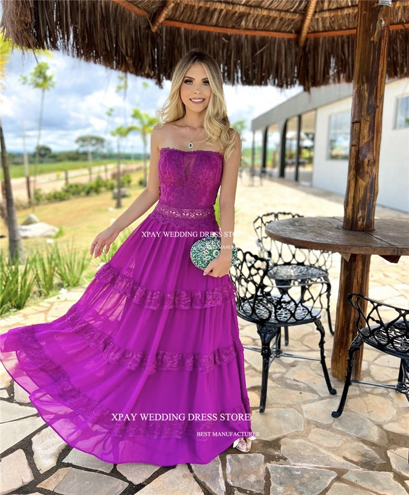 XPAY Sexy A-Line Prom Dresses Strapless Lace Floor-Length Ruffles Dubai Arabic Women Formal Evening Gowns Cocktail Party Dress