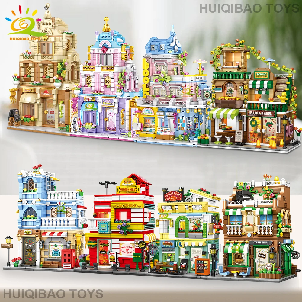 HUIQIBAO City Street View Coffee Burger Shop Hotel Model Building Blocks DIY Architecture Commercial Street Bricks Toys Adult