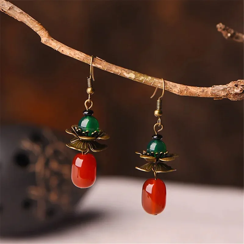 

Handmade Nature Red Agate Vintage Copper Long Earrings for Women Ethnic Exotic Earrings Fashion Jewelry Accessories