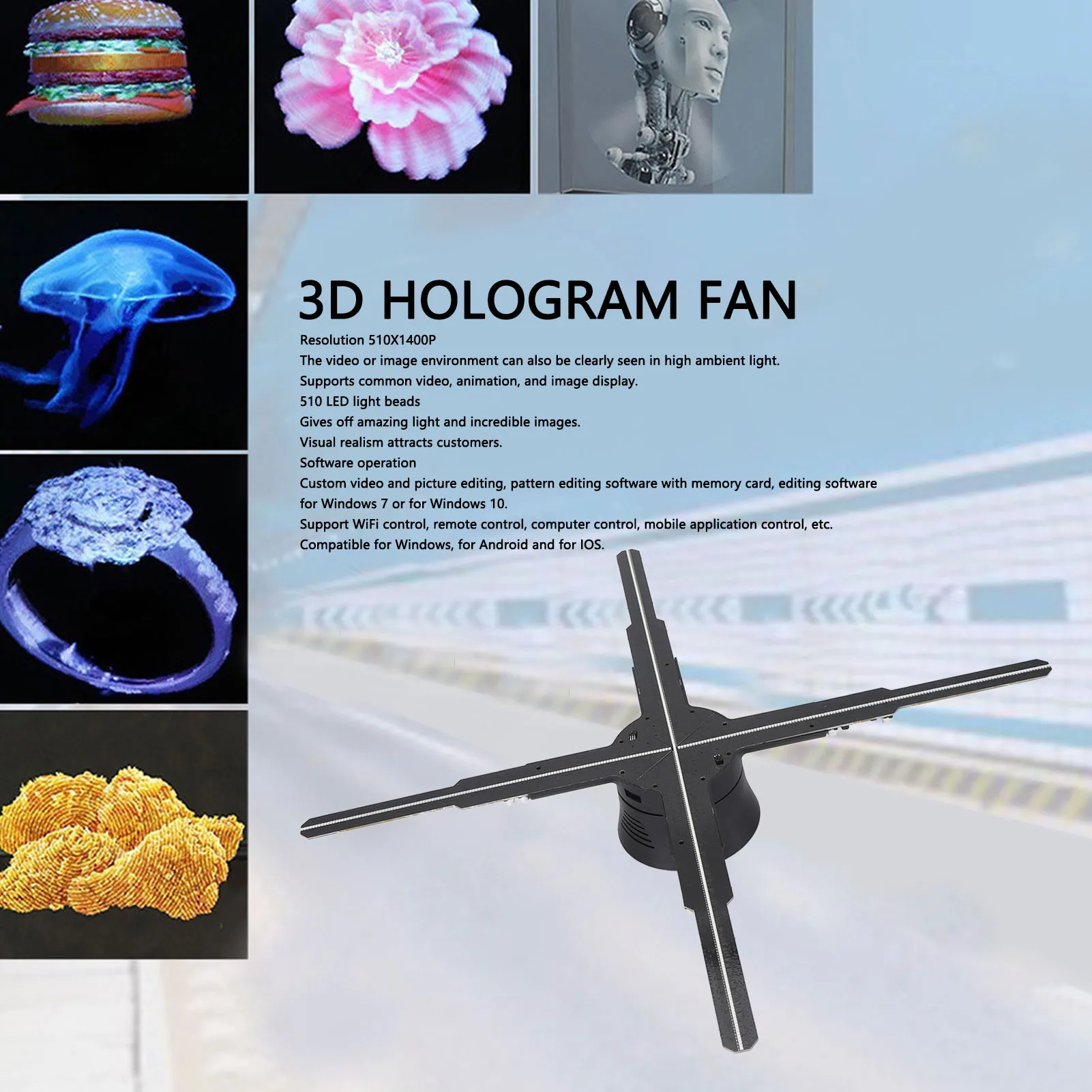 

3D Fan Hologram Projector Black Computer Control Mobile Control 3D Holographic Advertising Machine for Android for Restaurants